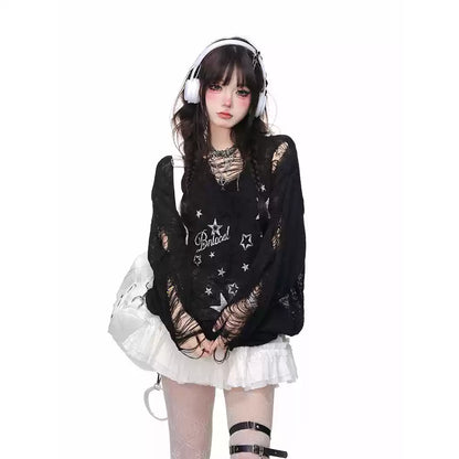 Young Eyes Y2K Stars Black White Ripped Sheer Top