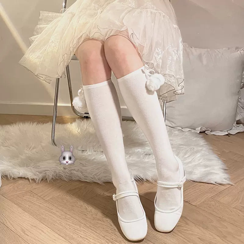 Lolita Victorian Pompom Balls White Black Pink Blue Purple Under The Knee Socks