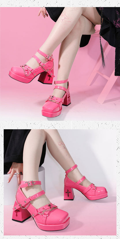 Walpurgis Night Cross Strap Egl Square Toe High Heels Platform Shoes