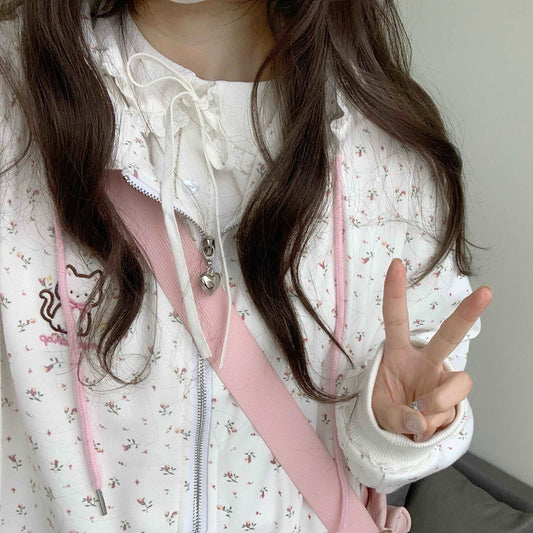 Cute Floral Print Sweet Cat Lace White Hoodie Jacket