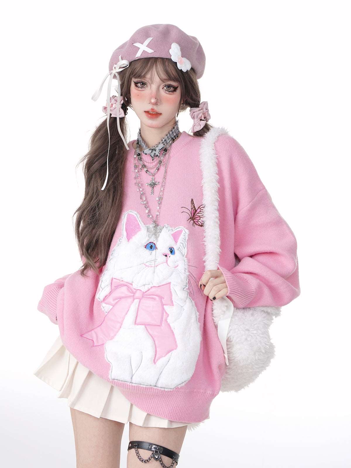 Cat With Bow Print Pullover Knitted Embroidery Oversize Sweater