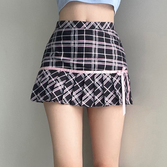 Soft Girl Coquette Black Pink Plaid Bow Short Skirt