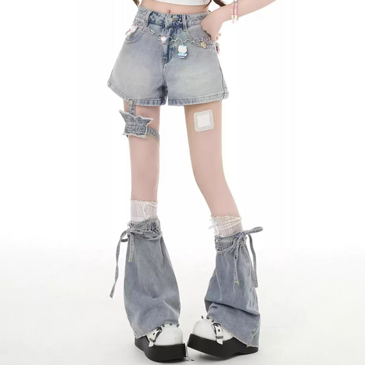 Crazy Girl Crushed Ice Blue Denim Shorts & Leg Warmers