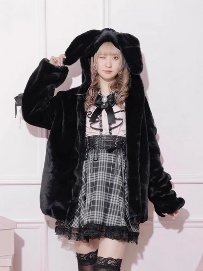 Jirai Kei Pink White Black Rabbit Ears Thick Winter Hoodie Jacket