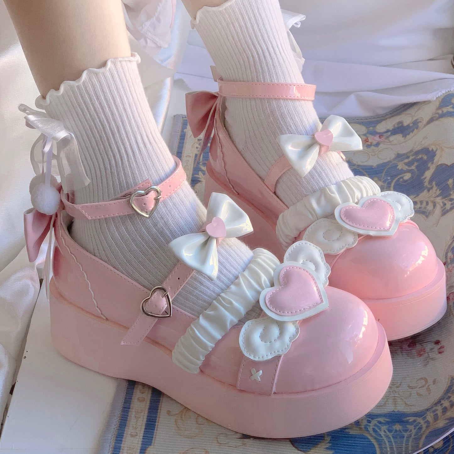 Love Letter Sweet Cupid Lolita Heart Black Pink Blue Beige Mary Jane Shoes