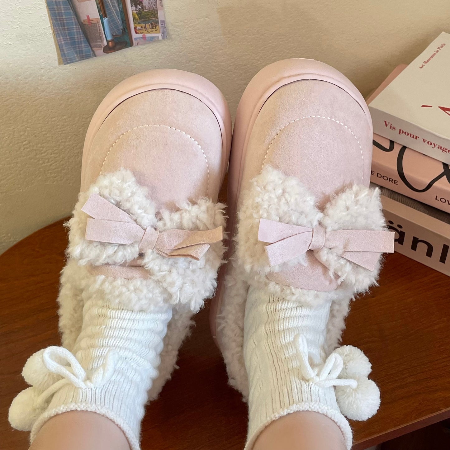 Cute Winter Plush Cotton Bow Pink Blue Khaki Slippers Shoes