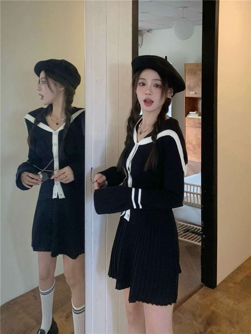 Academia Chic Autumn Cute Black Long Sleeve Knit Cardigan Top & Pleated Mini Skirt Two Piece Set