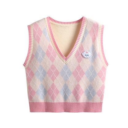 Little Lamb Sheep Agryle Pink Brown Fall Autumn Girl Knit Vest