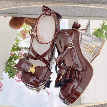 Moeka Chan Lolita Red Dream Bear Transparent Glass High Heels Shoes