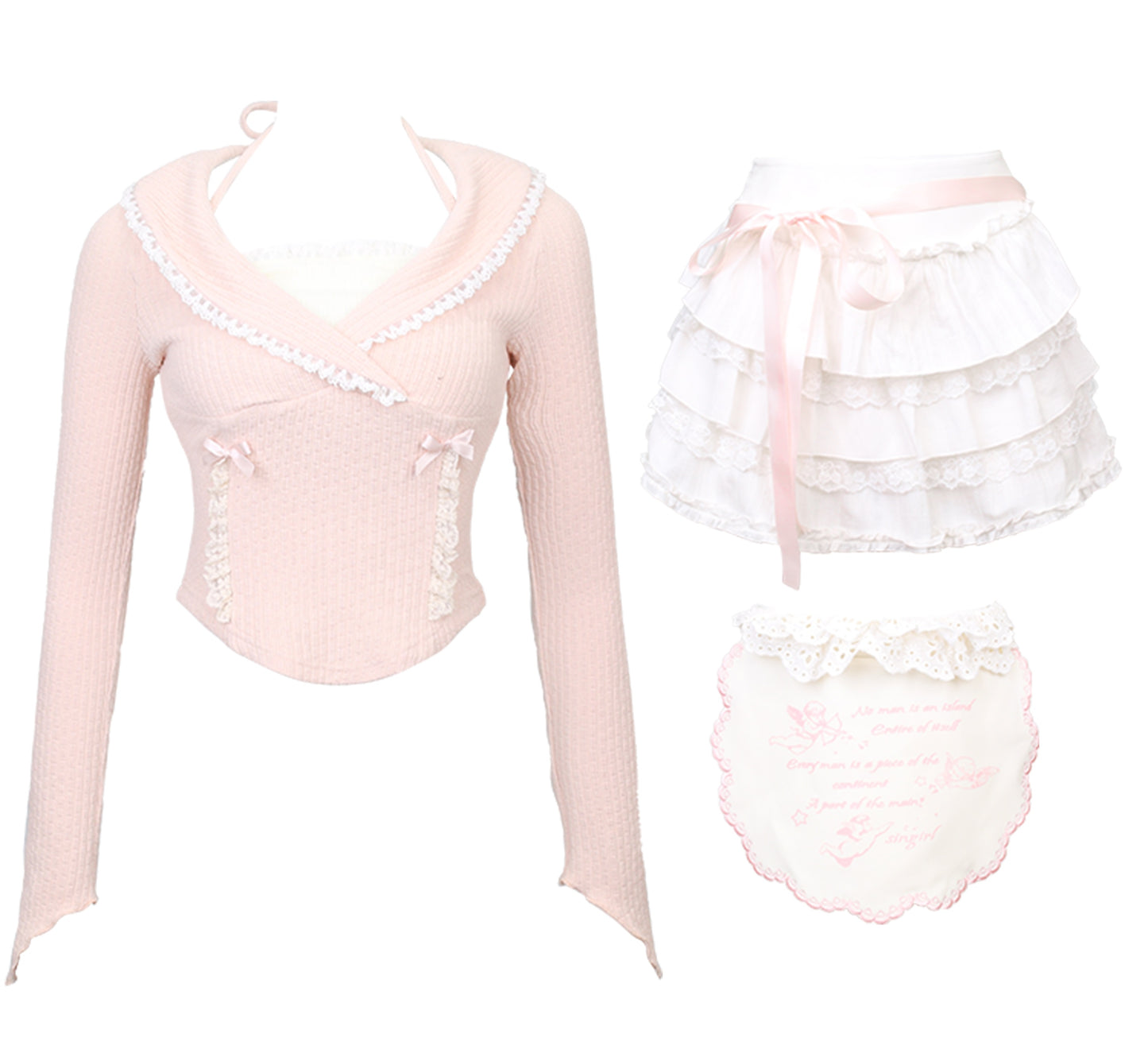 Serendipity Dessert Pink Knit Sweater Top & White Apron Ruffled Skirt Two Piece Set