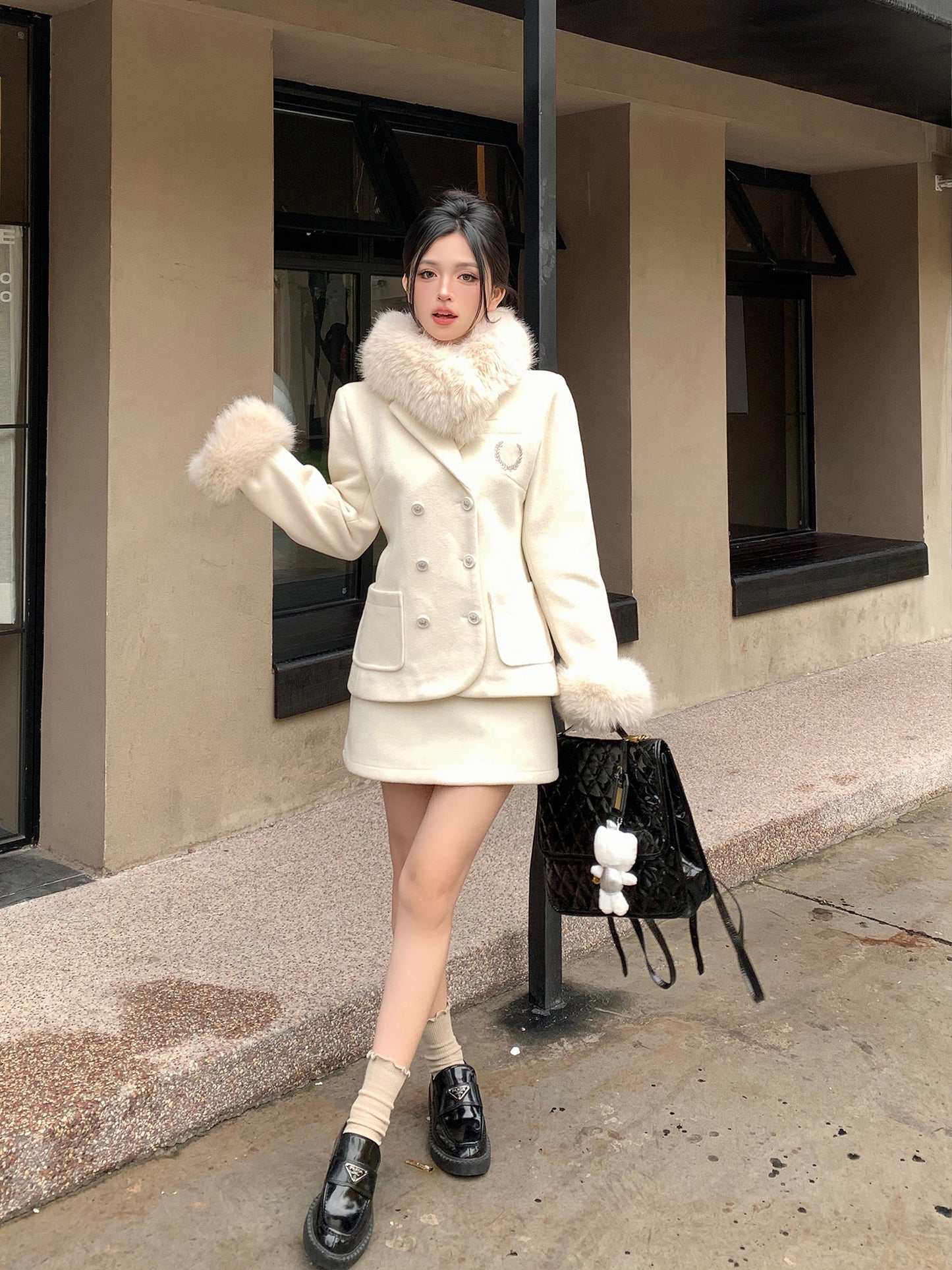 Monet Academia Chic Winter Milky White Fur Collar Woolen Jacket & Skirt Two Piece Set