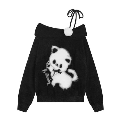 Young Eyes Milky Cat Black Cream Off Shoulder Fuzzy Sweater