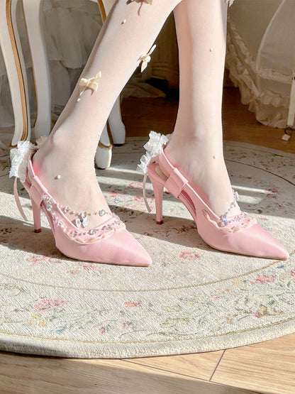 Pink Butterfly Crystal Lace Elegant Chic Pointed Toe High Heels Sandals