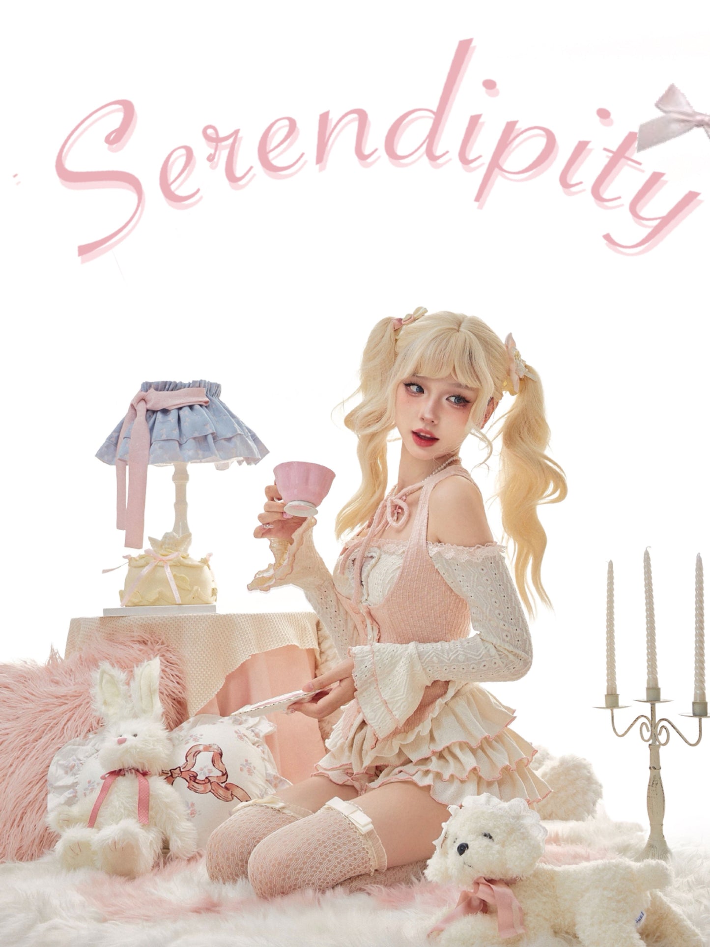 Serendipity Angel Love Coquette Balletcore Pink White Vest Long Sleeve Shirt Skirt Three Piece Set