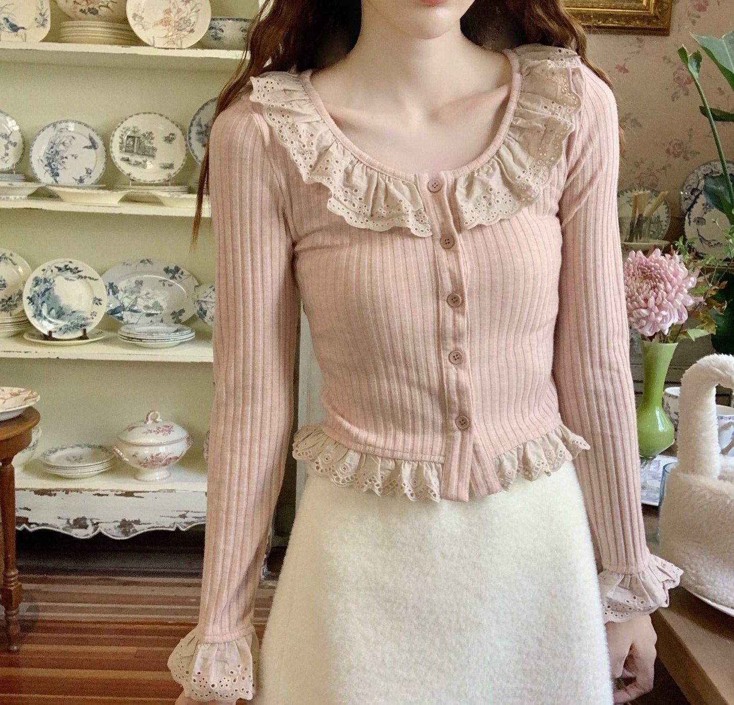 Coquette Vintage Cottagecore Frill Ruffled Lace Collar Cream Pink Top Shirt