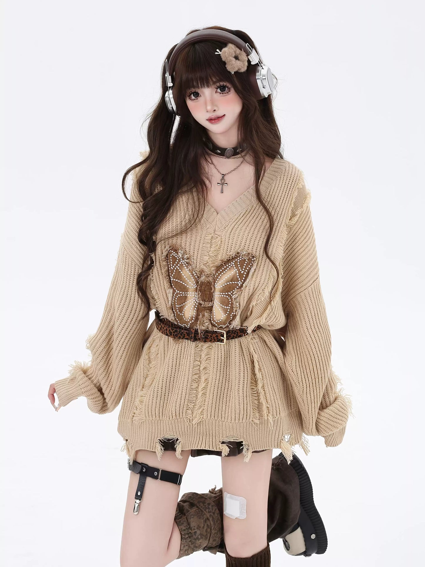 Crazy Girl Butterfly Cozy Brown Beige Knit Sweater