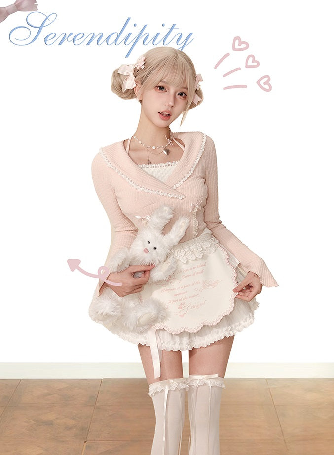 Serendipity Dessert Pink Knit Sweater Top & White Apron Ruffled Skirt Two Piece Set