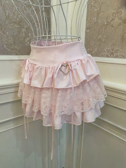 Sweetheart Princess Pink Lace Heart Mini Ruffle Skirt