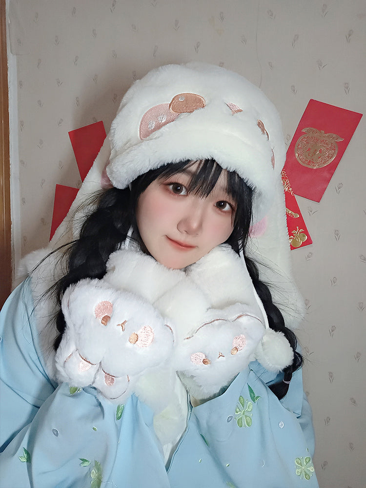 Cute White Rabbit Hanfu Lolita Style Winter Hat Pocket Scarf Set