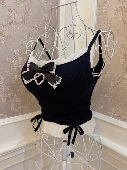 Sweetheart Princess Lace Bow Heart Black Camisole Top