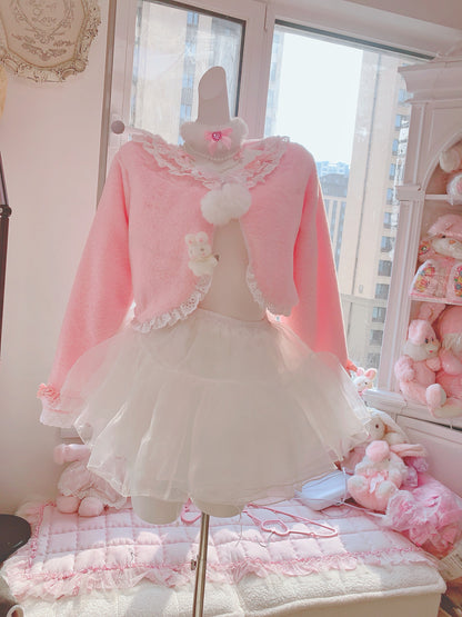 Candy Fairy Pink Blue Lace Sailor Collar Bow Plush Fur Jacket