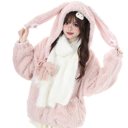 Crazy Girl Winter White Black Winter Rabbit Ears Hooded Plush Fleece Coat