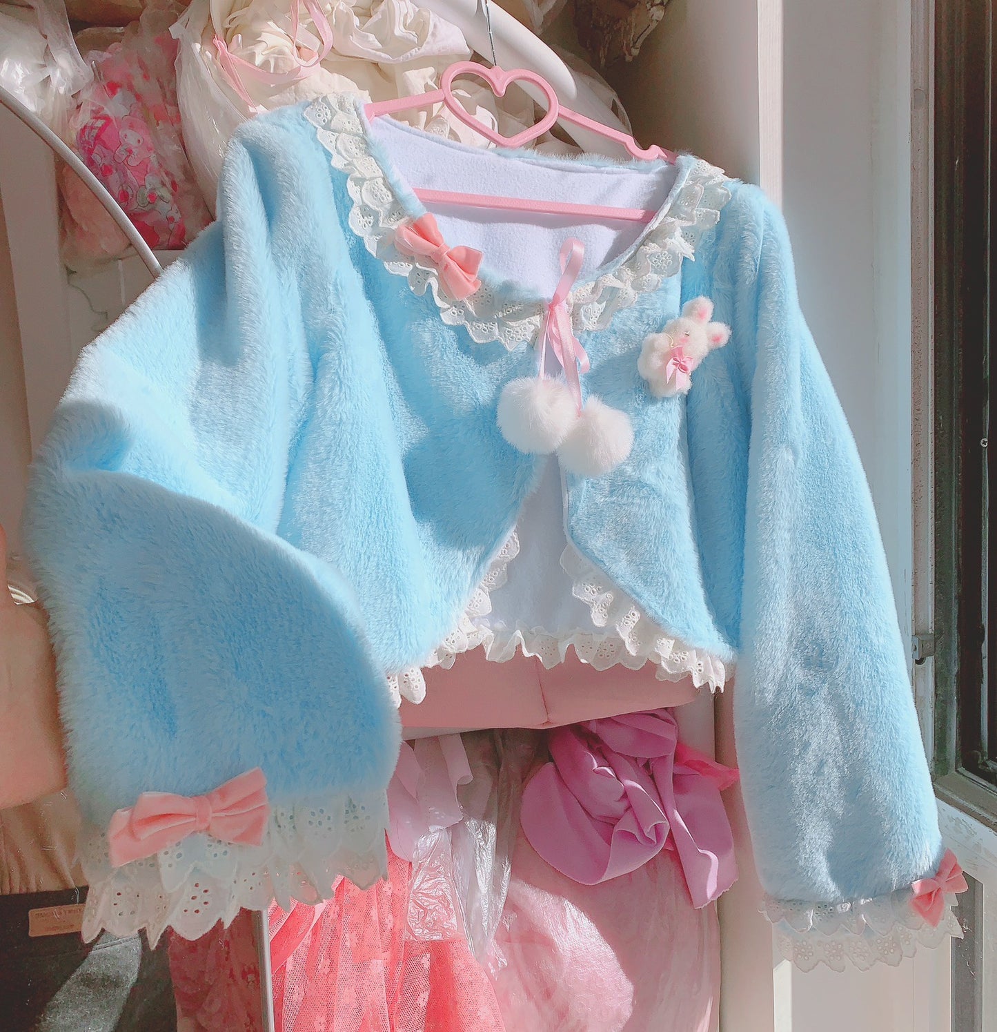 Candy Fairy Pink Blue Lace Sailor Collar Bow Plush Fur Jacket