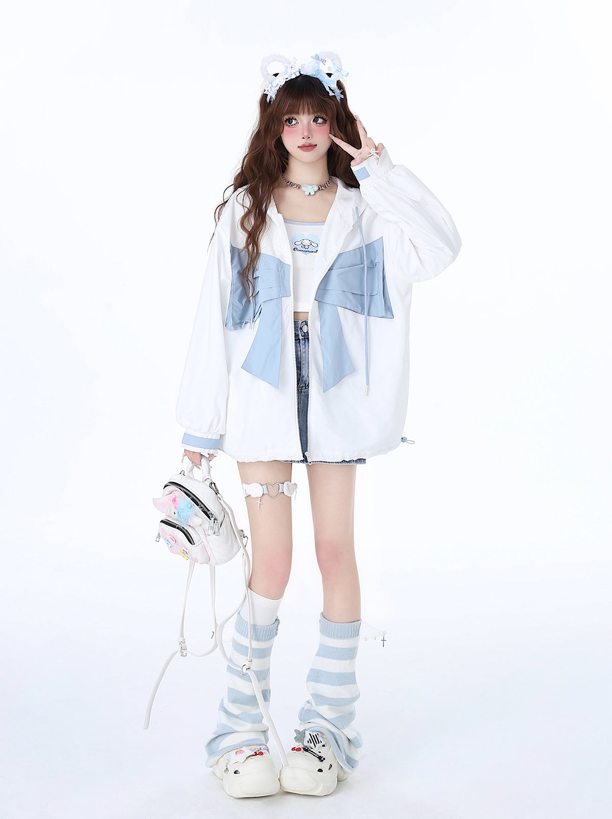 Crazy Girl Mist Bow Cool Black Pink & White Blue Thin Jacket