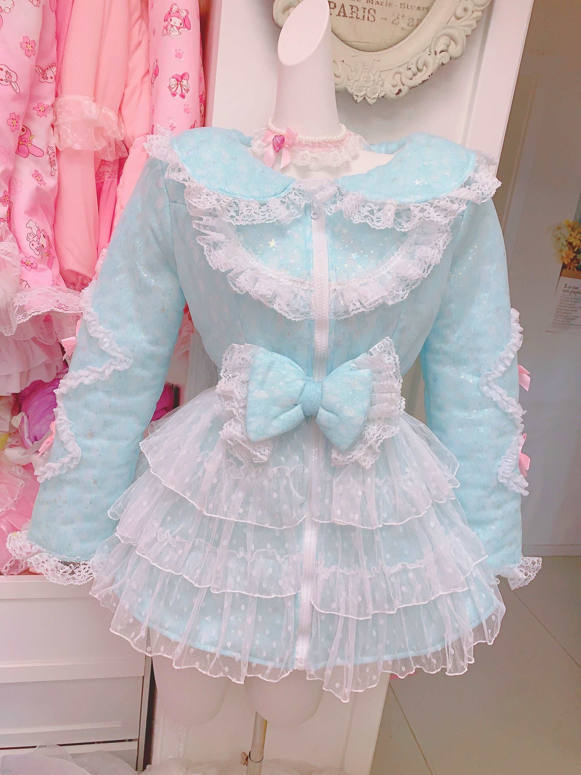 Candy Fairy Pink Blue Purple Lace Sailor Collar Ruffle Winter Padded Puffer Jacket Coat Dress