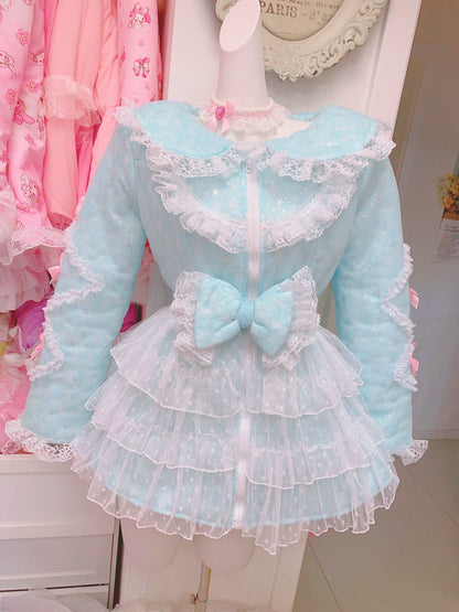 Candy Fairy Pink Blue Purple Lace Sailor Collar Ruffle Winter Padded Puffer Jacket Coat Dress