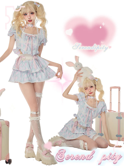 Serendipity Baby Petals Coquette Pink and Blue Bow Decorated Maid Style Blouse Top & Mini Skirt Two Piece Set