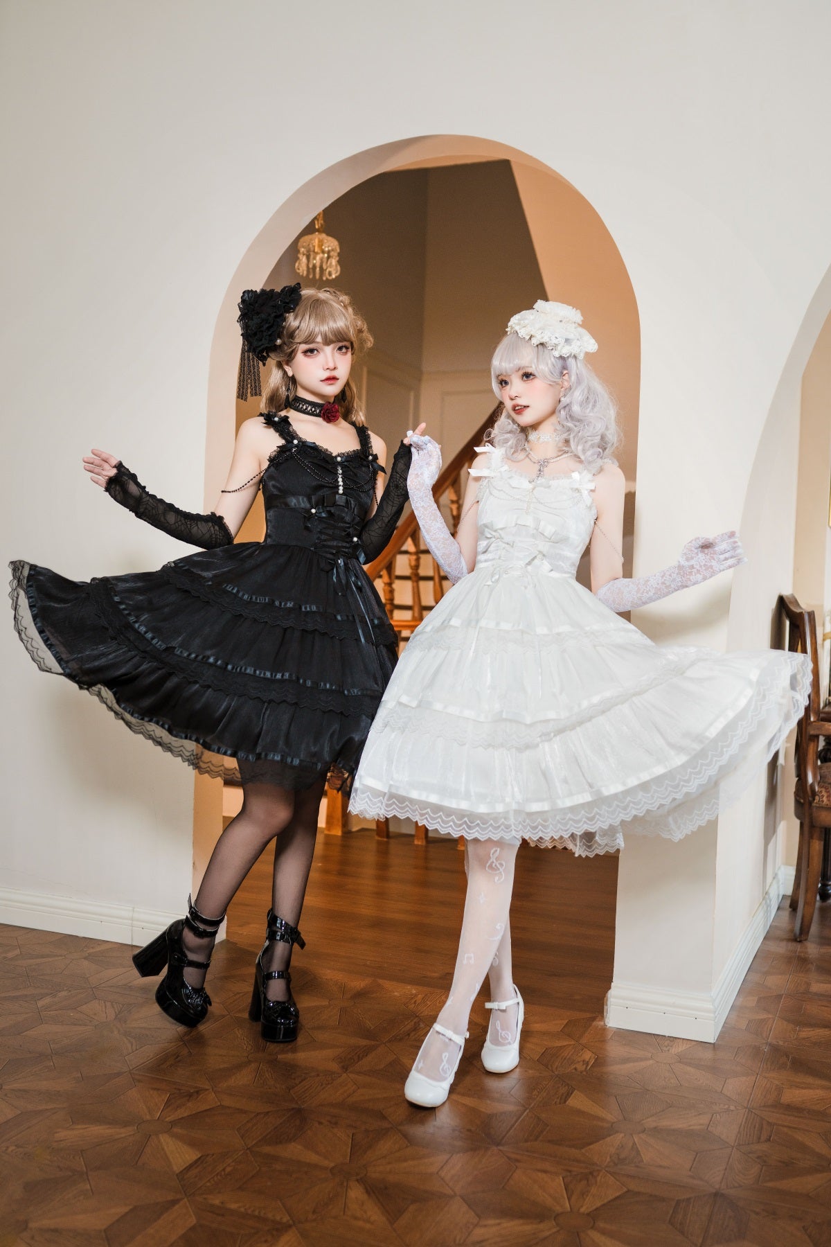 Twins Black & White Gothic Lolita Elegant Strap Dress