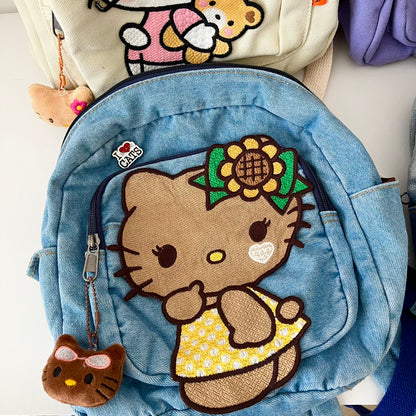 Y2K Black Brown Skin Kitty Denim Student Backpack Bag