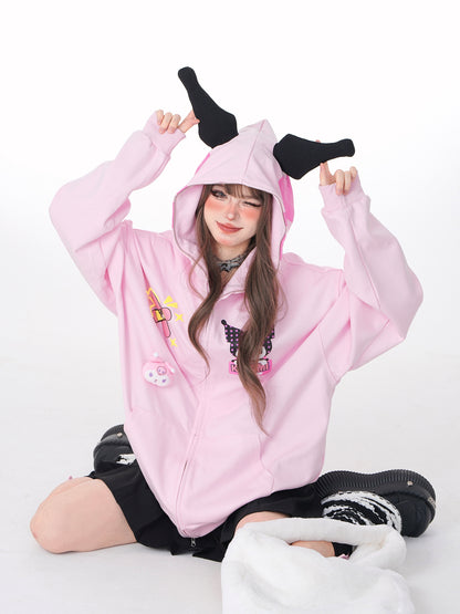 Young Eyes Purple Devil Cartoon Black Pink Alien Ears Oversize Hoodie