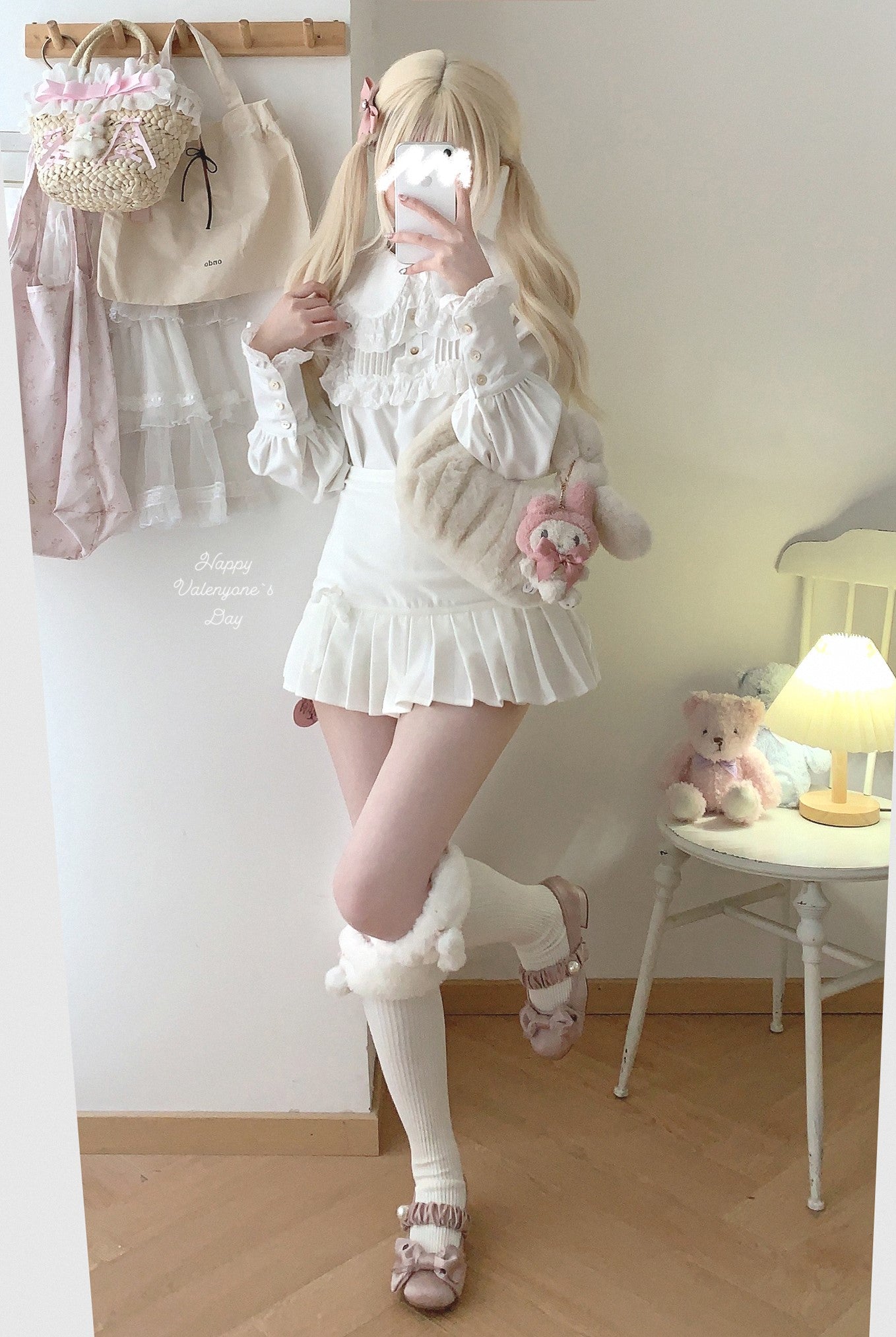 Dormir Doll Fritillaria White & Gray Bow Coquette Pleated Mini Skirt