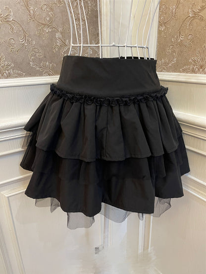 Sweetheart Princess Gothic Black Cake Layered Lace High Waist Mini Skirt