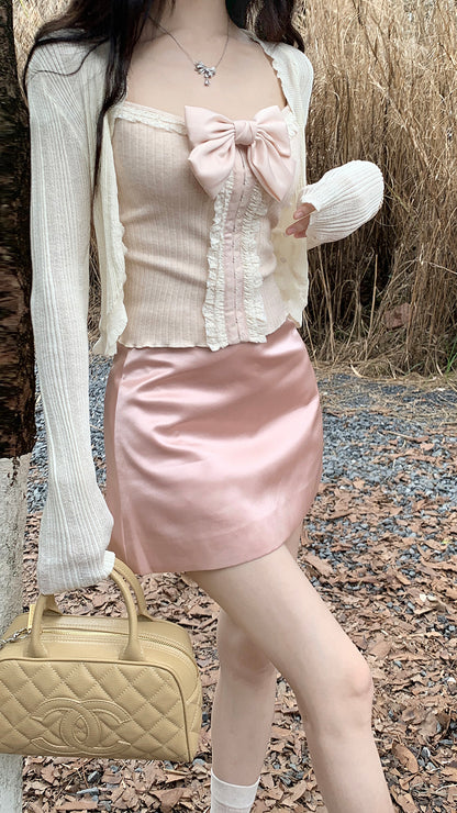 Monet Coquette Sweet Knit Bowknot Lace Camisole Cardigan Pink Satin Skirt Three Piece Set