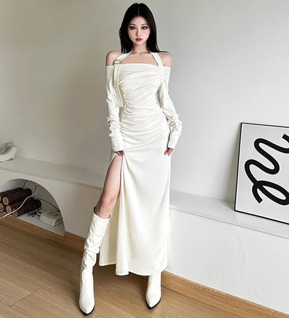 Chic Halter Neck Off Shoulder White Black Slit Long Dress