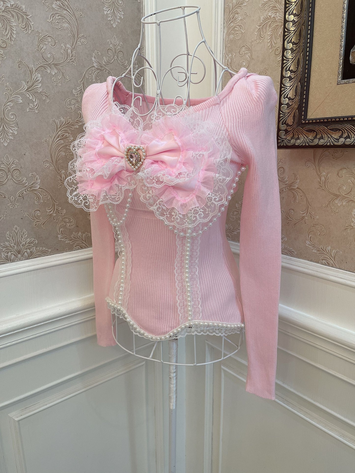 Sweetheart Princess Girly Pink Lace Bow Pearl Knit Sweater