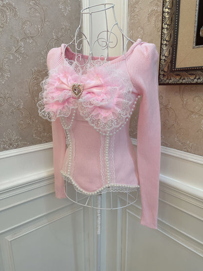 Sweetheart Princess Girly Pink Lace Bow Pearl Knit Sweater