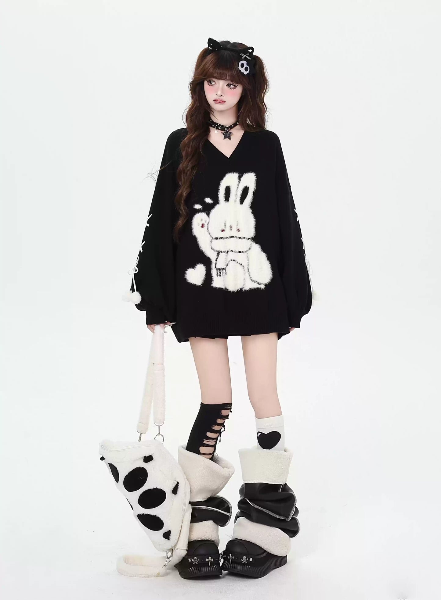 Crazy Girl Wishing Rabbit Pink Black Red Sweater