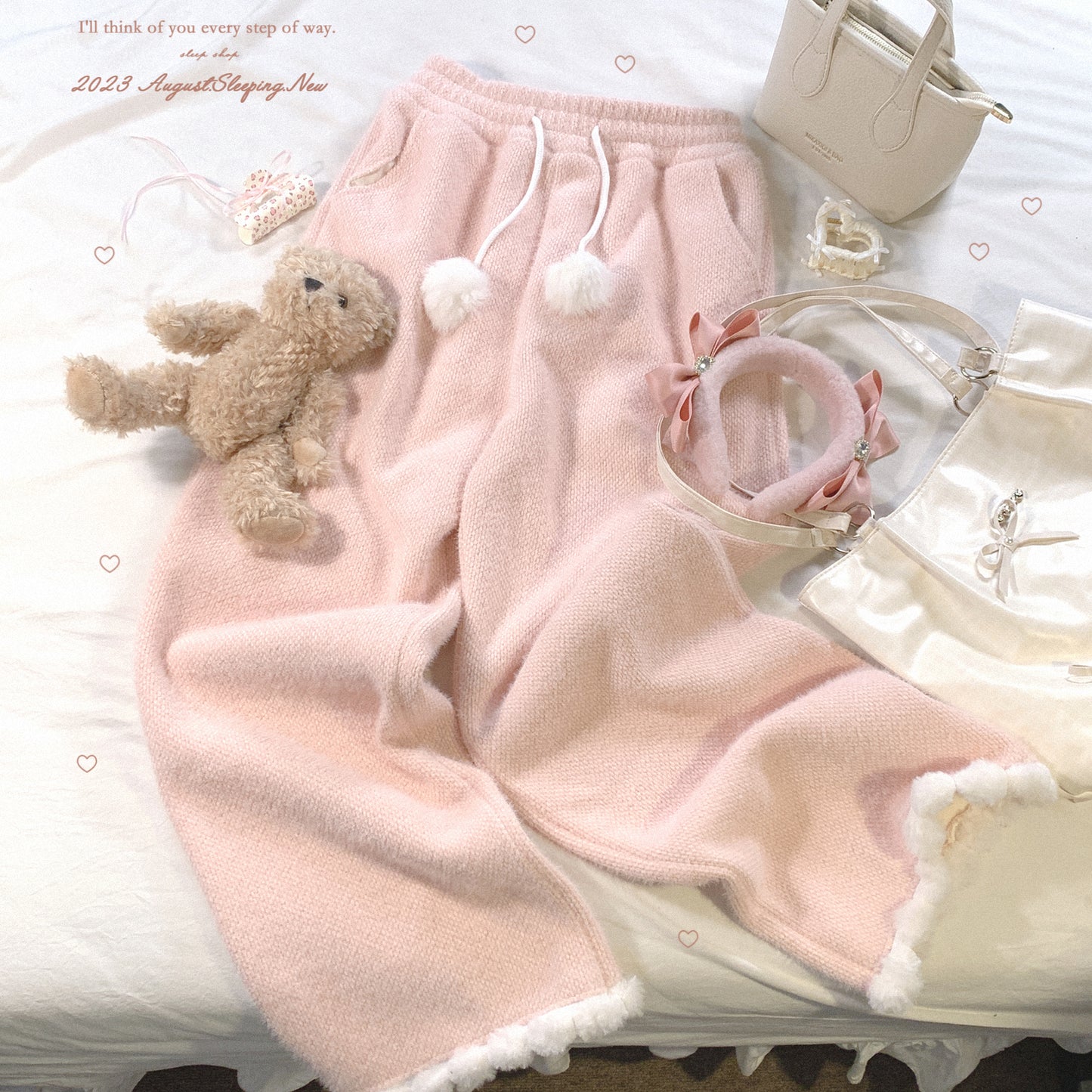 Dormir Doll Pompom Winter White Cream Pink Blue Elastic Waist Pants