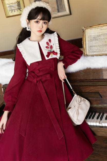 Unknown Star Tulip Woolen Lolita White Cream Crimson Red Winter Coat Dress