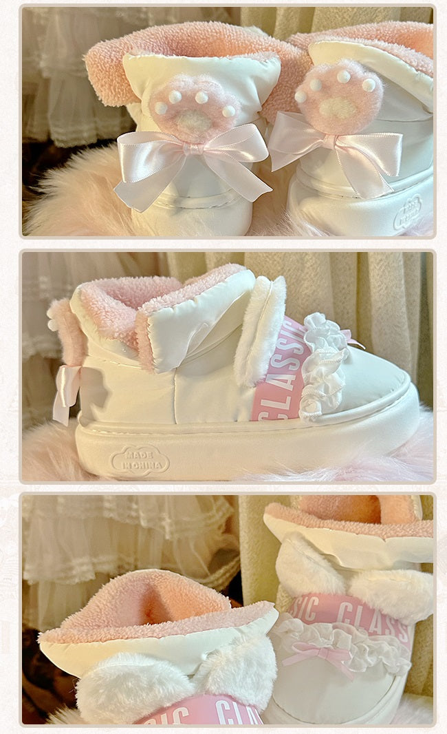 Pinky Cute Winter Plush Pink Bow Cat Ears White Snow Boots Shoes