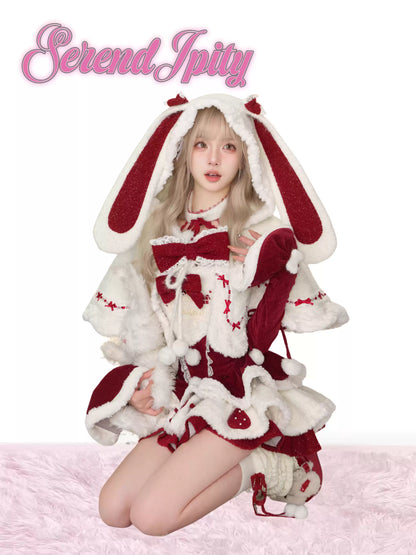 Serendipity Christmas Strawberry Rabbit Ears Cape & Red Dress & Arm Warmers Three Piece Set