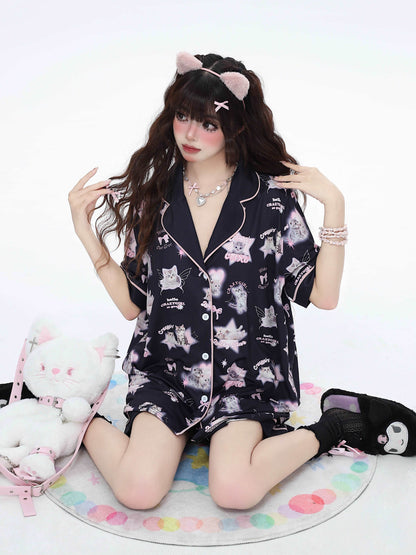 Crazy Girl Cat Diary Black White Shirt Top & Shorts Pajamas Two Piece Set