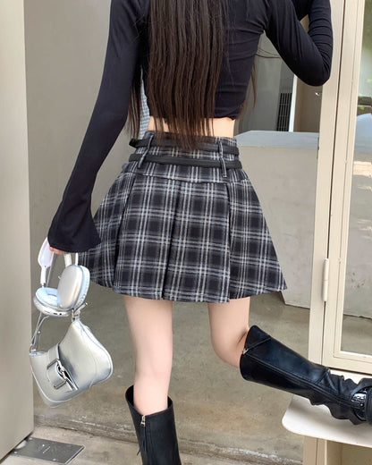 Brown Black Plaid Autumn Light Dark Academia Belt Pleated A-line Short Skirt