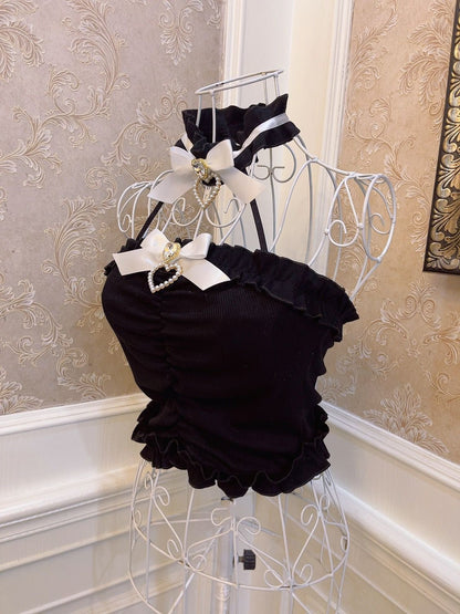 Sweetheart Princess Black & White Brooch Bow Bandeau Top