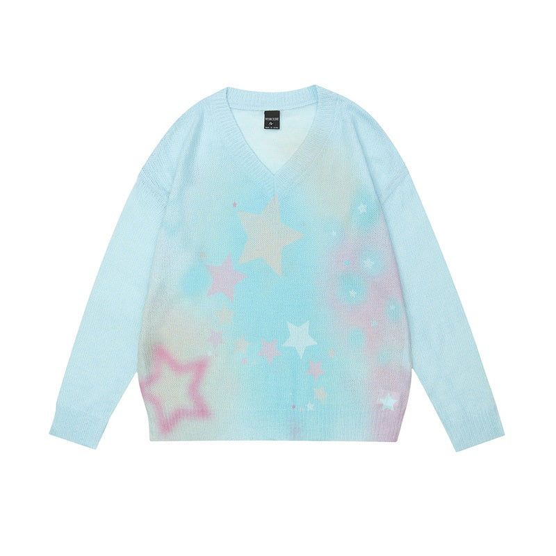 Serendipity Gradient Star Blue & White Y2K Knit Oversize Sweater