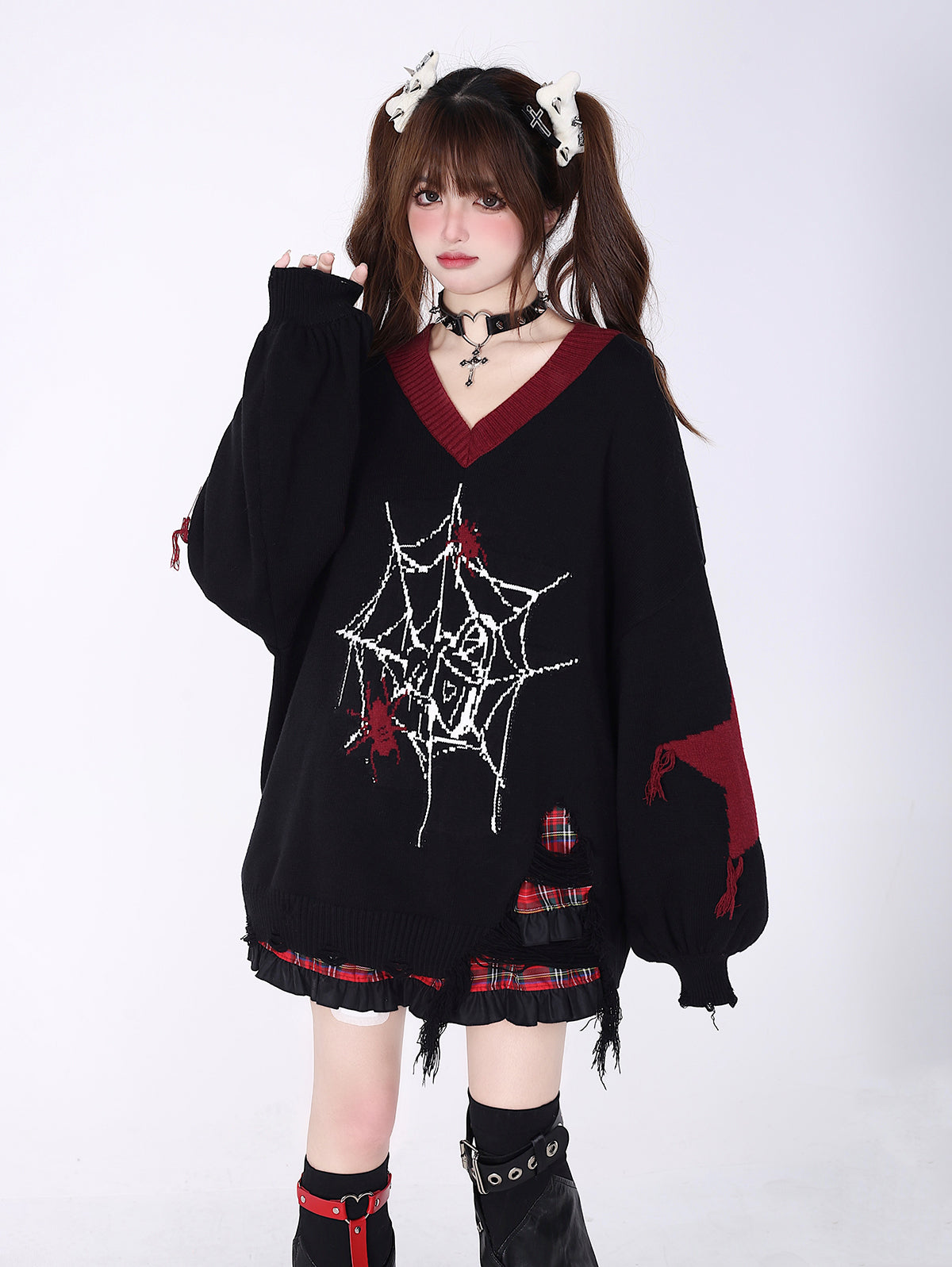 Crazy Girl Love Cycle Spider Web Red Black Sweater Top